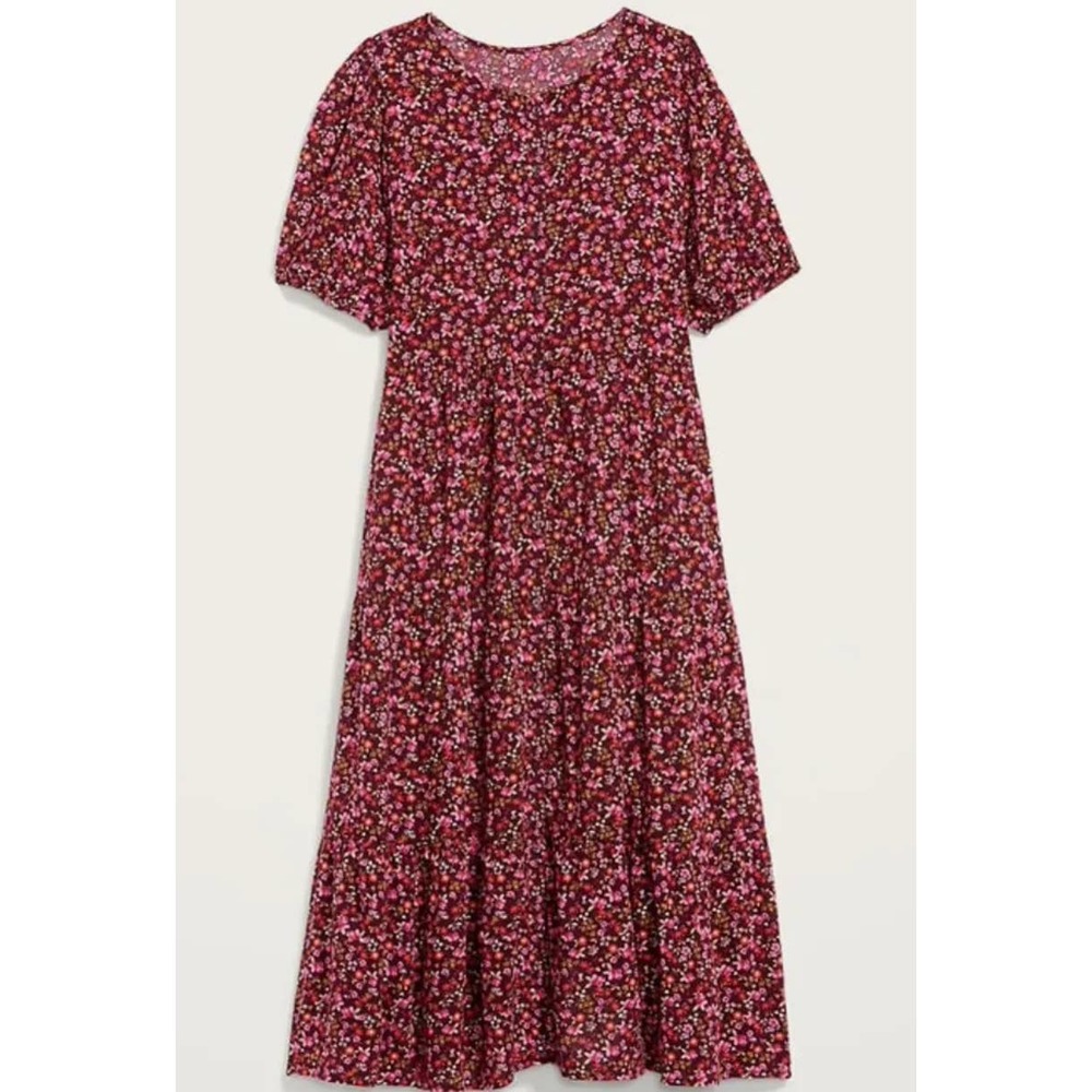 Old Navy Maroon Pink Orange Floral Puff Sleeve Tiered Midi Swing Dress Size XXL